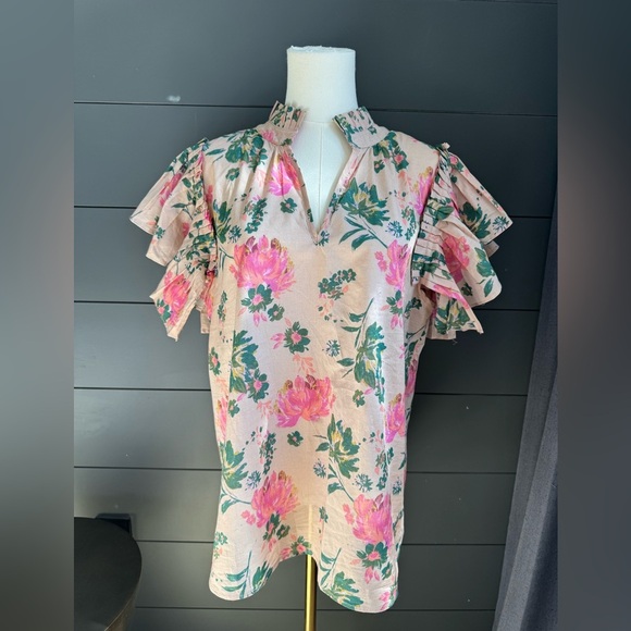 entro Tops - Entro Floral Ruffle Sleeve Blouse Pink Green Boho Cottage Core Teacher Spring